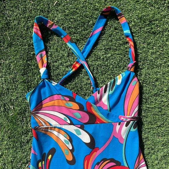 BCBG MAXAZRIA Blue Tropical Floral Asymmetrical Y2K Dress Size XS - Picture 3 of 7